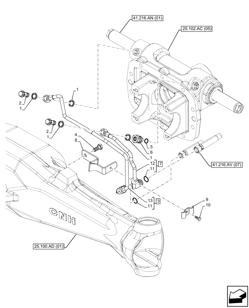 Схема запчастей Case IH FARMALL 115C - (41.200.AO[01]) - VAR - 390328, 743559, 744580, 744990 - FRONT AXLE, LUBRICATION LINE, 4WD (41) - STEERING