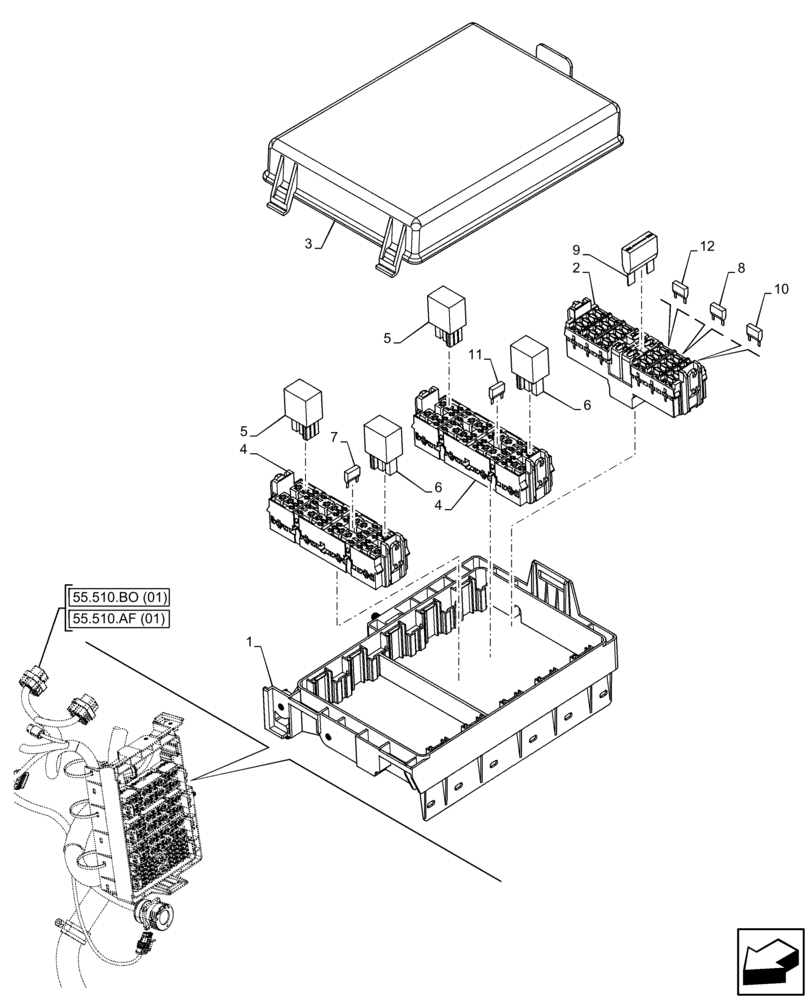 Схема запчастей Case IH FARMALL 65C - (55.100.DO[01]) - VAR - 335754, 390754 - FUSE, RELAY, MAIN HARNESS (55) - ELECTRICAL SYSTEMS