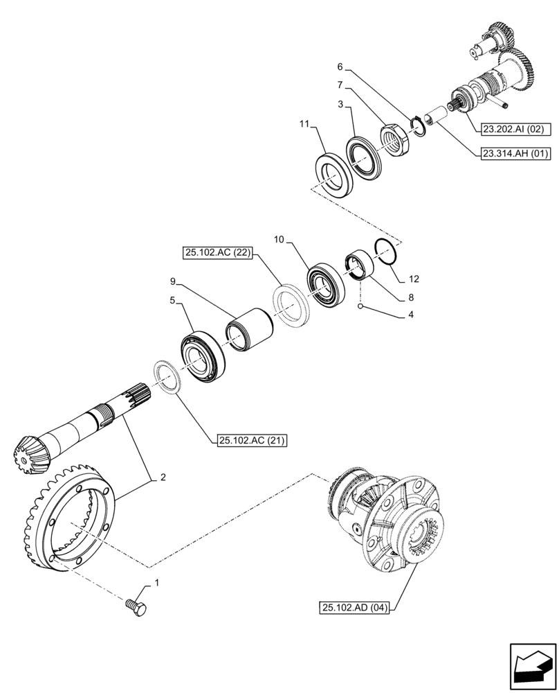 Схема запчастей Case IH FARMALL 115C - (25.102.AC[20]) - VAR - 337323 - FRONT AXLE, BEVEL GEAR, 4WD, HEAVY DUTY (25) - FRONT AXLE SYSTEM