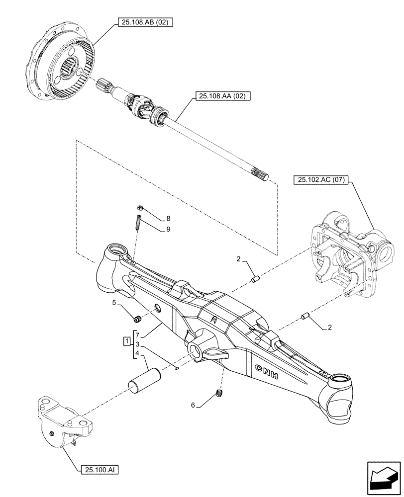 Схема запчастей Case IH FARMALL 115C - (25.100.AD[02]) - VAR - 743560 - FRONT AXLE, HOUSING, 4WD (25) - FRONT AXLE SYSTEM