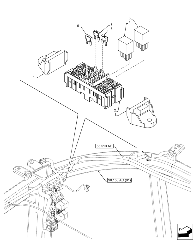 Схема запчастей Case IH FARMALL 65C - (55.100.DO[02]) - VAR - 336754, 391754 - FUSE, RELAY, HARNESS, ROOF-MOUNTED, CAB (55) - ELECTRICAL SYSTEMS