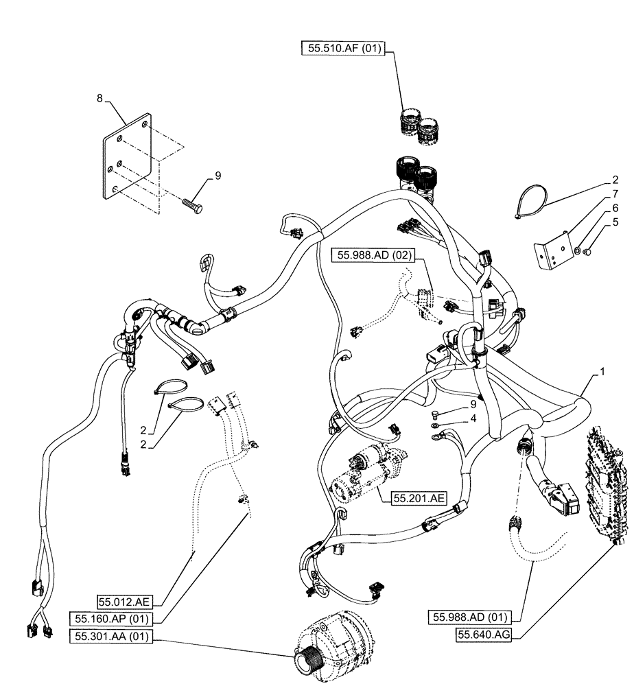Схема запчастей Case IH PUMA 220 CVT - (55.015.AB) - VAR - 391130, 758000 - ENGINE, HARNESS (55) - ELECTRICAL SYSTEMS