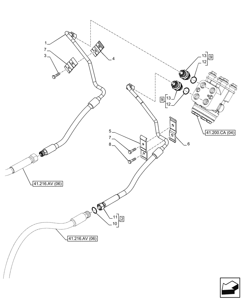 Схема запчастей Case IH FARMALL 115C - (41.216.AV[05]) - VAR - 337323, 390328, 743559, 743560, 743561, 744580, 744581, 744990 - HYDRAULIC STEERING, CYLINDER, LINE (SHUTTLE ) 4WD (41) - STEERING