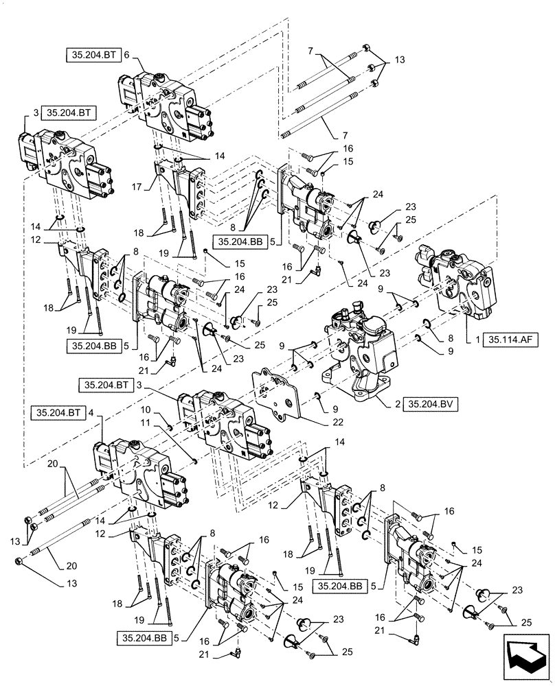 Схема запчастей Case IH MAGNUM 240 - (35.204.BE[04]) - REMOTE CONTROL VALVE, 4 CONTROL VALVES, W/O POWER BEYOND (35) - HYDRAULIC SYSTEMS