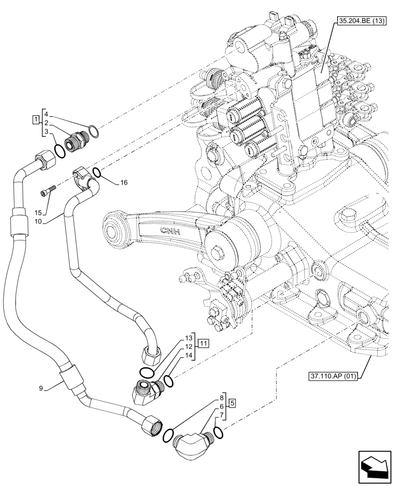 Схема запчастей Case IH FARMALL 85C - (35.204.BJ[03]) - VAR - 336108 - REMOTE CONTROL VALVE (3 REMOTES, 6 COUPLERS), LINE, HI-LO, W/O CAB (35) - HYDRAULIC SYSTEMS