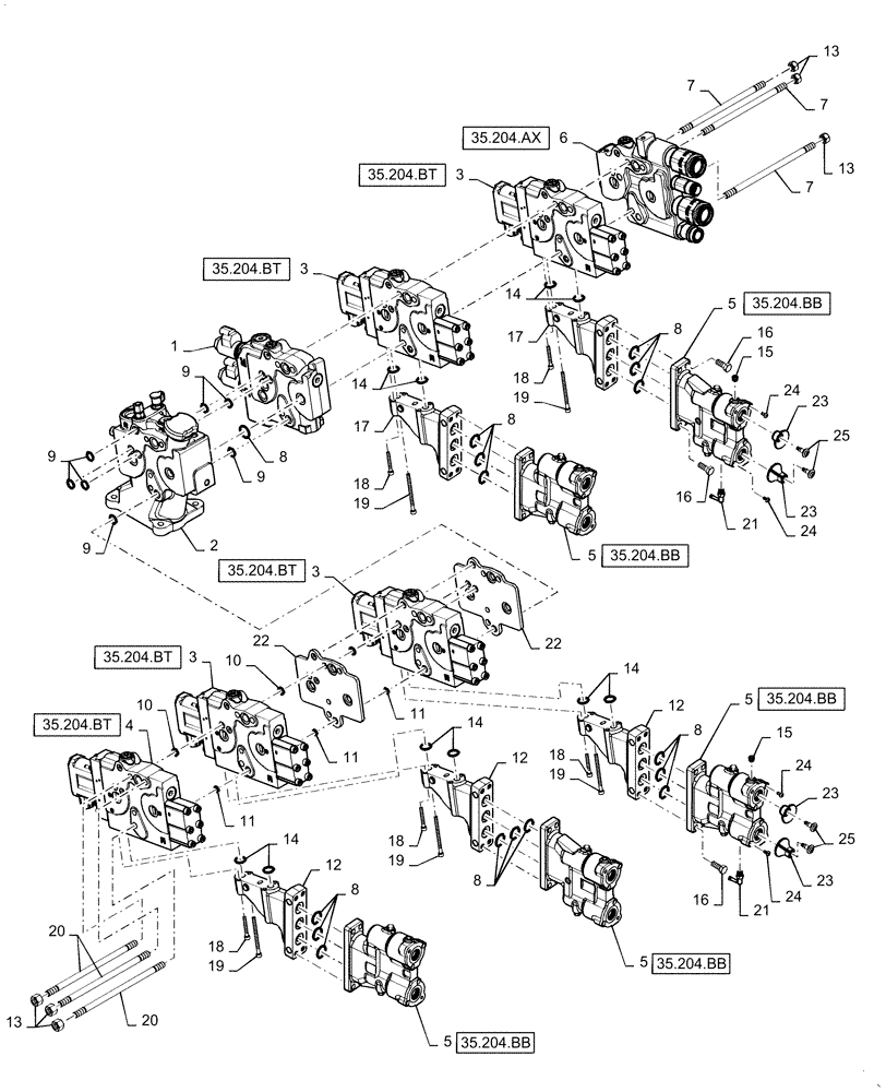 Схема запчастей Case IH MAGNUM 200 - (35.204.BE[05]) - REMOTE CONTROL VALVE, 5 CONTROL VALVES, WITH POWER BEYOND (35) - HYDRAULIC SYSTEMS