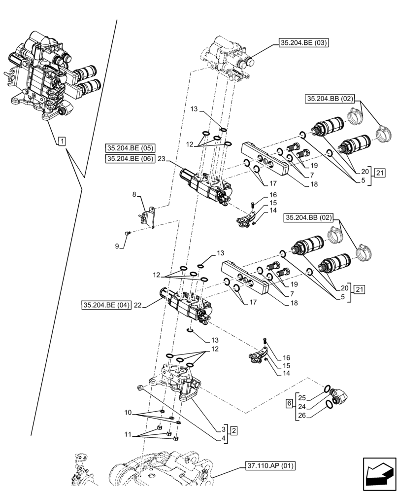 Схема запчастей Case IH FARMALL 95C - (35.204.BE[02]) - VAR - 743569 - REMOTE CONTROL VALVE (2 REMOTES, 4 COUPLERS), COMPONENTS, HI-LO - END YR 09-MAY-2016 (35) - HYDRAULIC SYSTEMS