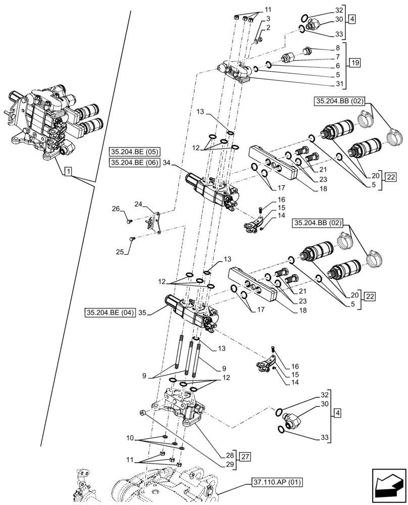 Схема запчастей Case IH FARMALL 95C - (35.204.BE[07]) - VAR - 743569 - REMOTE CONTROL VALVE (2 REMOTES, 4 COUPLERS), COMPONENTS, MECHANICAL - END YR 09-MAY-2016 (35) - HYDRAULIC SYSTEMS