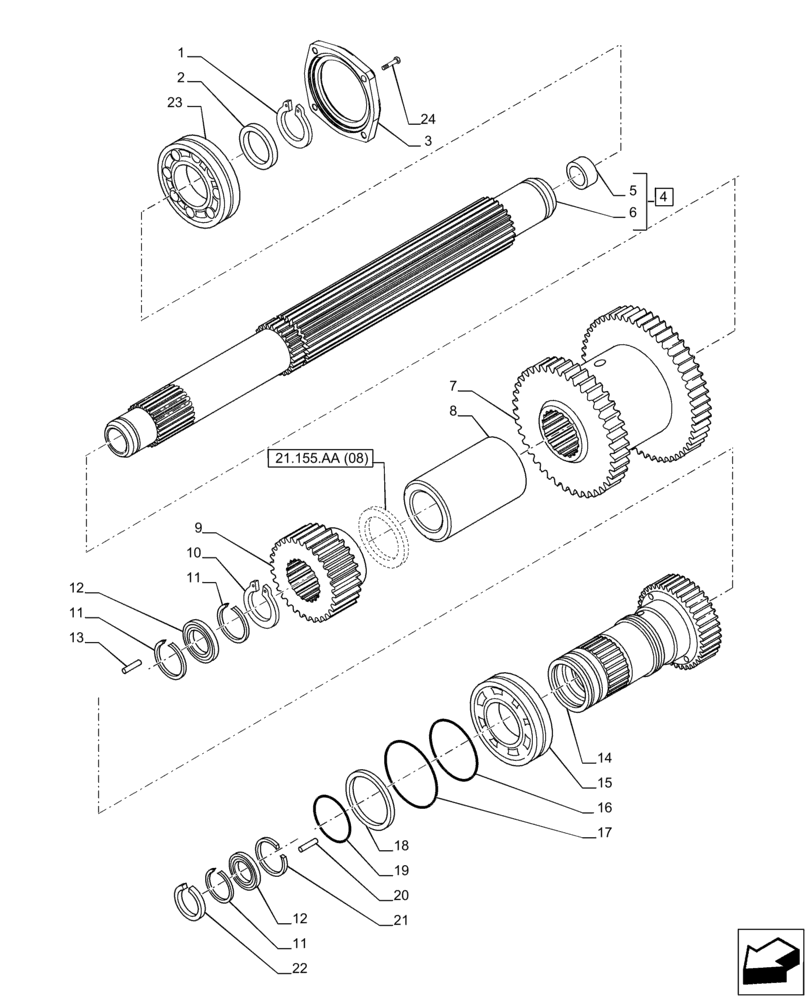 Схема запчастей Case IH PUMA 165 - (21.155.AA[04]) - VAR - 758016, 758017, 758018, 758019, 758020, 758021 - TRANSMISSION, DRIVE SHAFT, UPPER (21) - TRANSMISSION