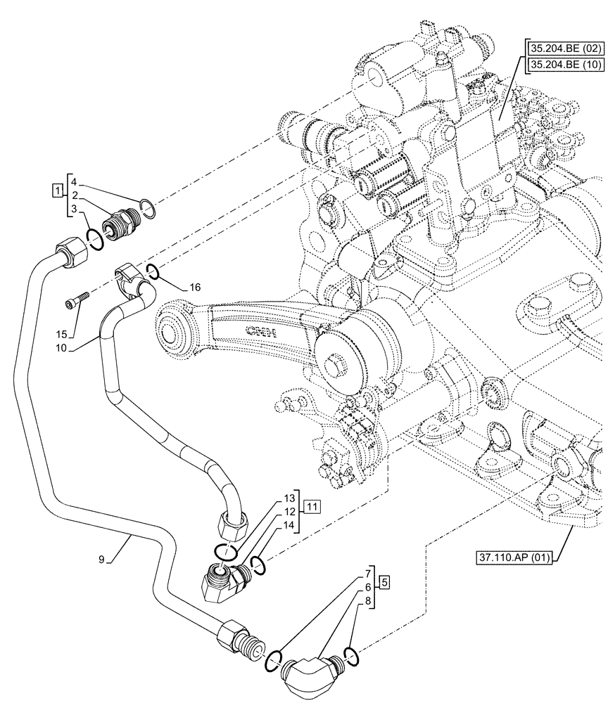 Схема запчастей Case IH FARMALL 105C - (35.204.BJ[01]) - VAR - 743569 - REMOTE CONTROL VALVE (2 REMOTES, 4 COUPLERS), LINE, HI-LO (35) - HYDRAULIC SYSTEMS