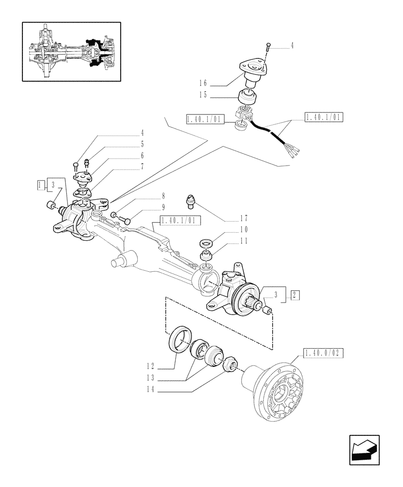 Схема запчастей Case IH MXU135 - (1.40.1/02[01]) - (VAR.301-358) 4WD FRONT AXLE WITH TERRALOCK - STEERING AXLE - C5196 (04) - FRONT AXLE & STEERING