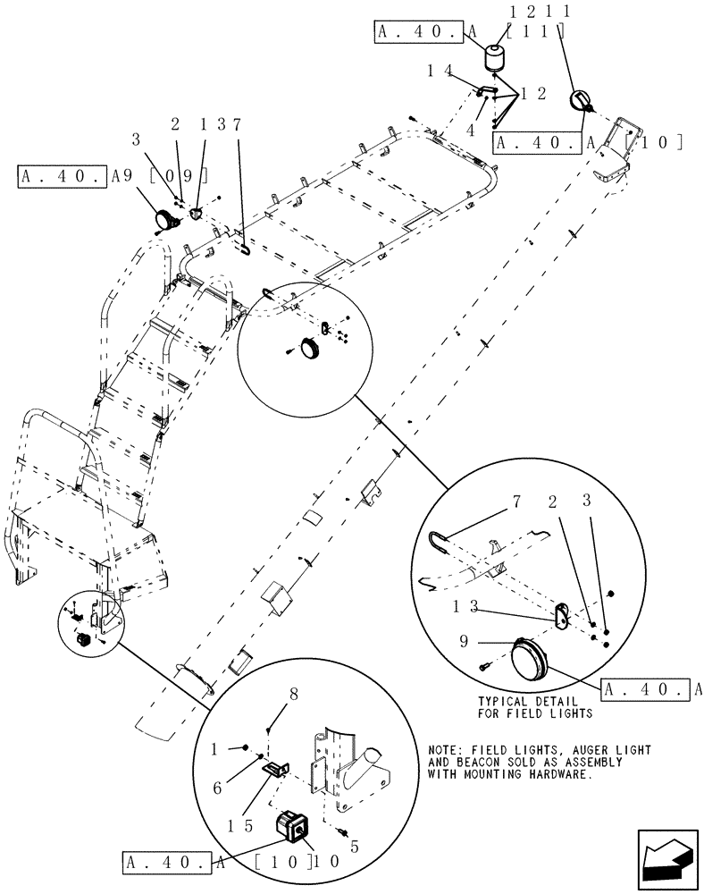 Схема запчастей Case IH ADX3430 - (A.40.A[08]) - WORK, AUGER AND BEACON LIGHTING MOUNTS A - Distribution Systems