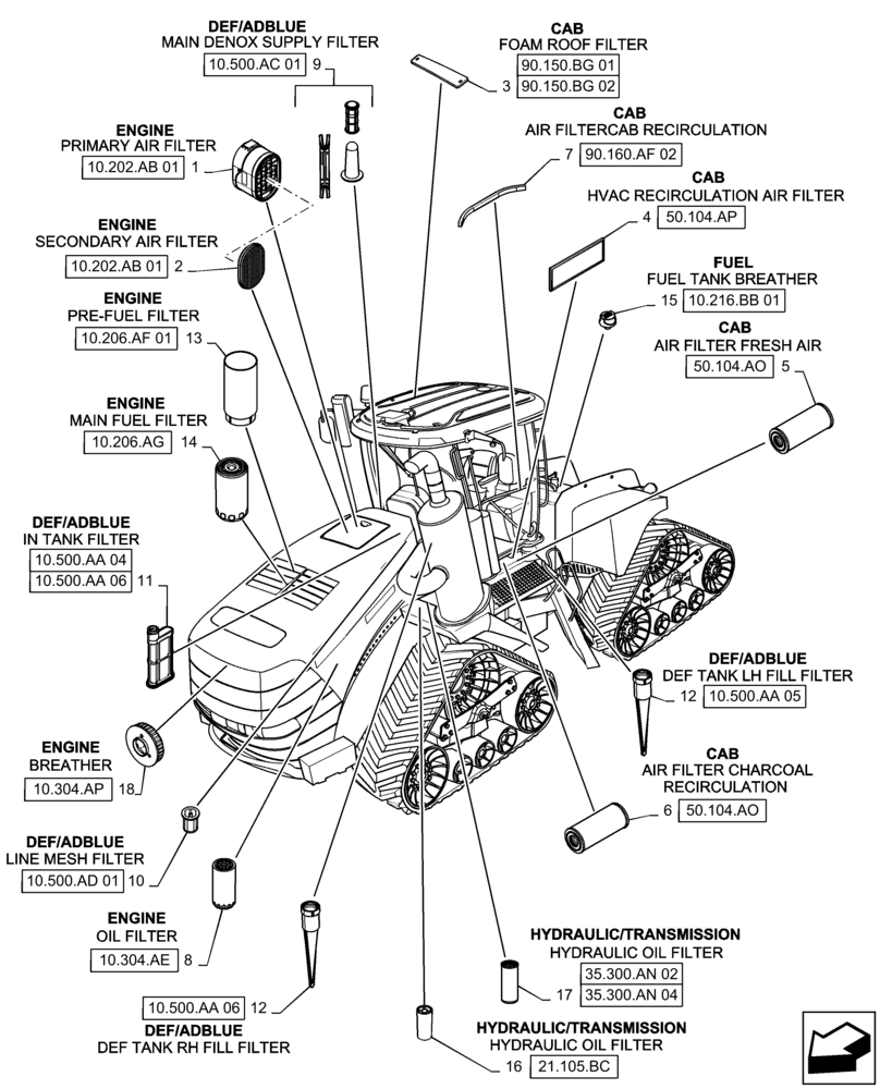 Схема запчастей Case IH QUADTRAC 370 - (05.100.03[01]) - FILTERS (05) - SERVICE & MAINTENANCE