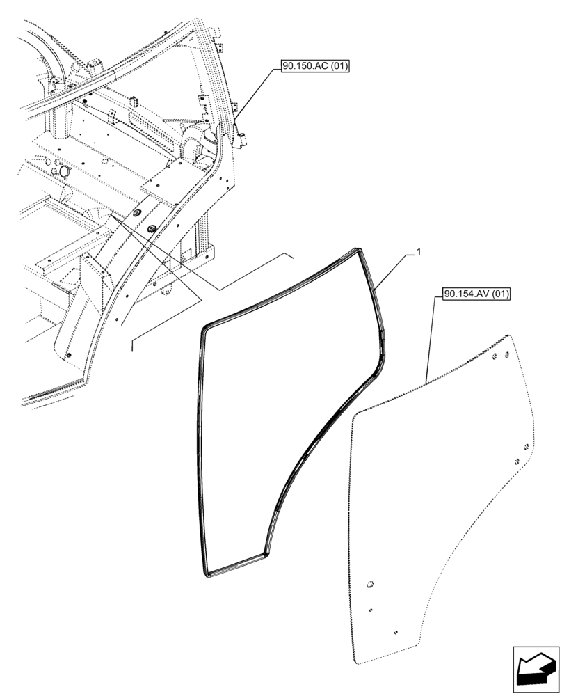 Схема запчастей Case IH PUMA 240 CVT - (90.154.AH[01]) - VAR - 391179, 391233, 758139, 758140, 758141, 758142, 758143, 758145, 758146 - CAB DOOR, GLASS SEAL (90) - PLATFORM, CAB, BODYWORK AND DECALS