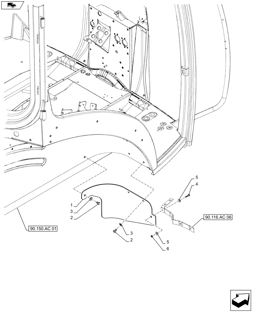 Схема запчастей Case IH MAXXUM 120 - (90.116.AC[08]) - VAR - 338122, 338201 - STANDARD REAR FENDERS WITH EXTENSIONS - MUDGUARD, RH (90) - PLATFORM, CAB, BODYWORK AND DECALS