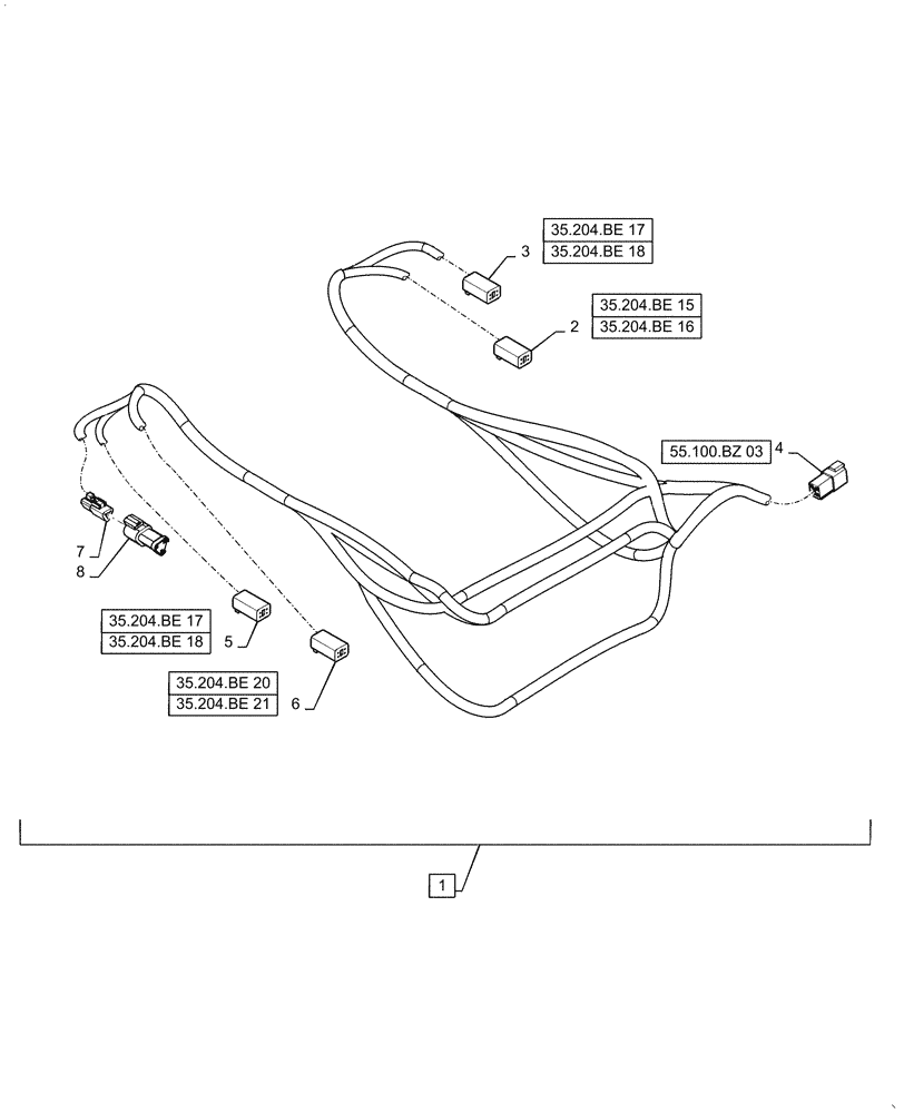 Схема запчастей Case IH STEIGER 580 - (55.620.AB[02]) - VAR - 420402, 424825 - EHR CONTROL VALVE HARNESS, 4 SPOOL (55) - ELECTRICAL SYSTEMS