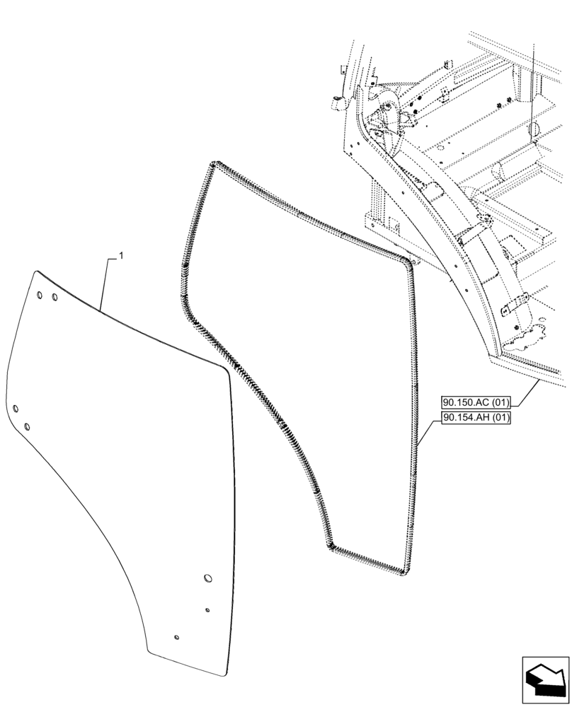 Схема запчастей Case IH PUMA 220 CVT - (90.154.AV[02]) - VAR - 391179, 391233, 758139, 758140, 758141, 758142, 758143, 758145, 758146 - CAB DOOR, GLASS, RH (90) - PLATFORM, CAB, BODYWORK AND DECALS