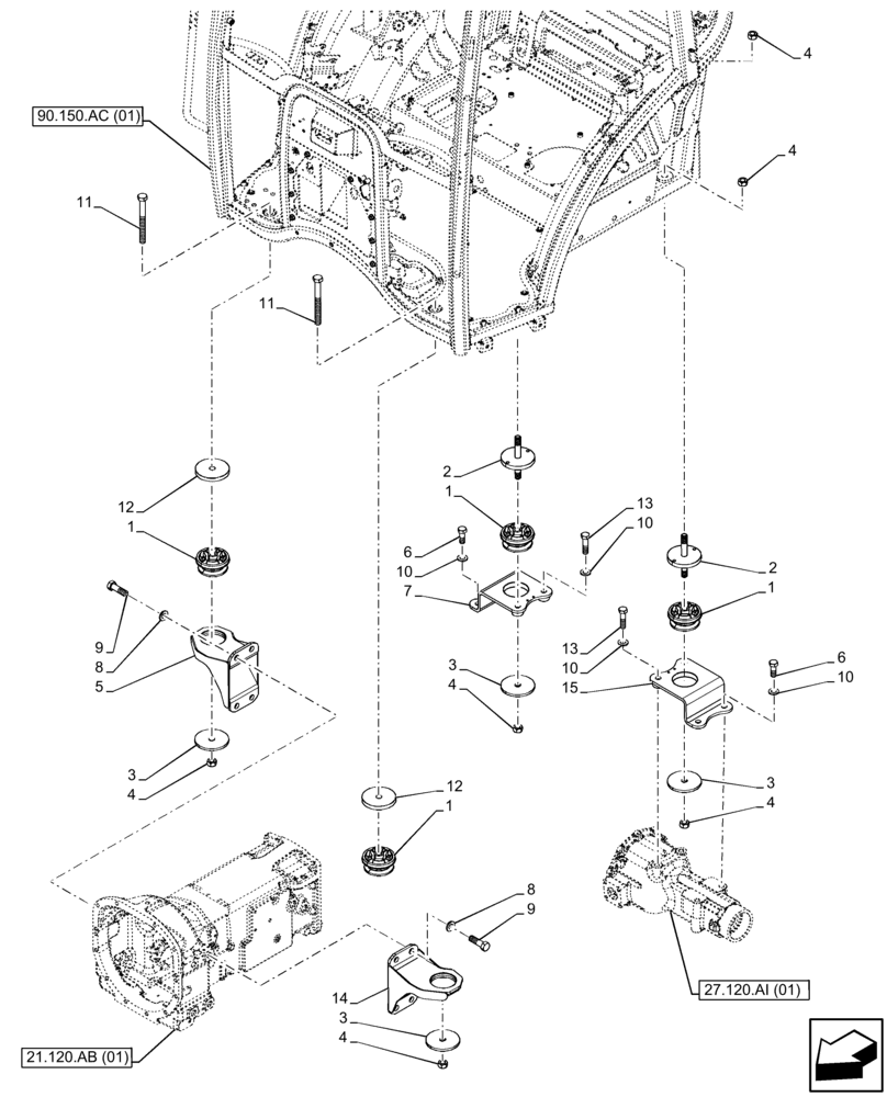 Схема запчастей Case IH FARMALL 95C - (90.150.BB) - VAR - 334180, 334183, 334211, 391606, 743496, 743573, 744588 - CAB SUPPORT (90) - PLATFORM, CAB, BODYWORK AND DECALS