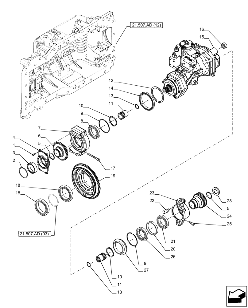 Схема запчастей Case IH PUMA 240 CVT - (21.507.AD[09]) - VAR - 337427, 337433, 391138, 758022 - TRANSMISSION, HYDROSTATIC PUMP (21) - TRANSMISSION