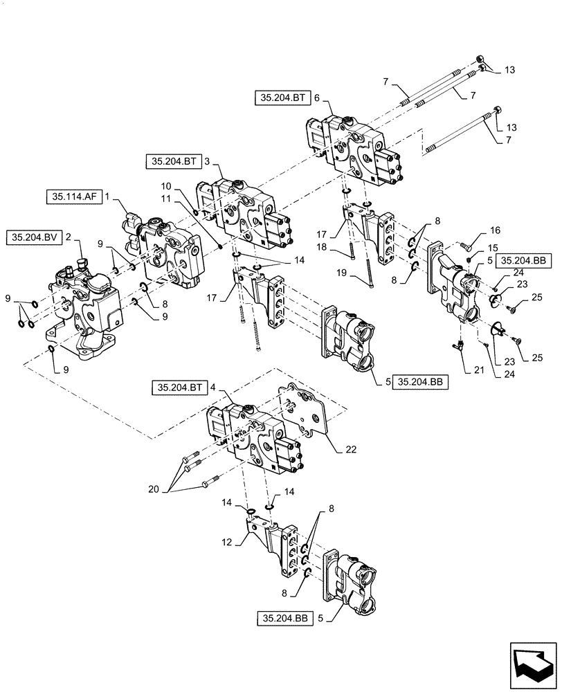 Схема запчастей Case IH MAGNUM 220 - (35.204.BE[02]) - REMOTE CONTROL VALVE, 3 CONTROL VALVES, W/O POWER BEYOND (35) - HYDRAULIC SYSTEMS