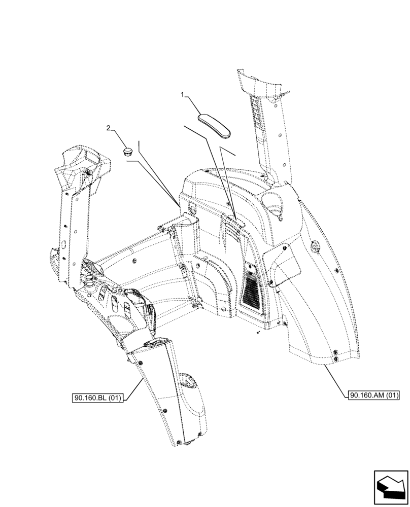 Схема запчастей Case IH FARMALL 85C - (90.160.AM[02]) - VAR - 330276, 390067, 390275, 743546 - LEFT SIDE, PANEL (8X8) (12X12), CAB (90) - PLATFORM, CAB, BODYWORK AND DECALS