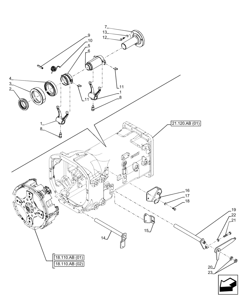 Схема запчастей Case IH FARMALL 95C - (18.100.AF[01]) - VAR - 390067, 743546, 744576 - CLUTCH MECHANISM, FORK, W/O CAB (8X8) (12X12) (12X12 CREEPER) (18) - CLUTCH