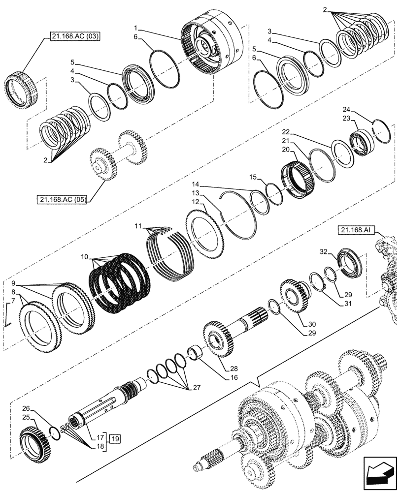 Схема запчастей Case IH FARMALL 85C - (21.168.AC[07]) - VAR - 743553 - CLUTCH, HI-LO (21) - TRANSMISSION