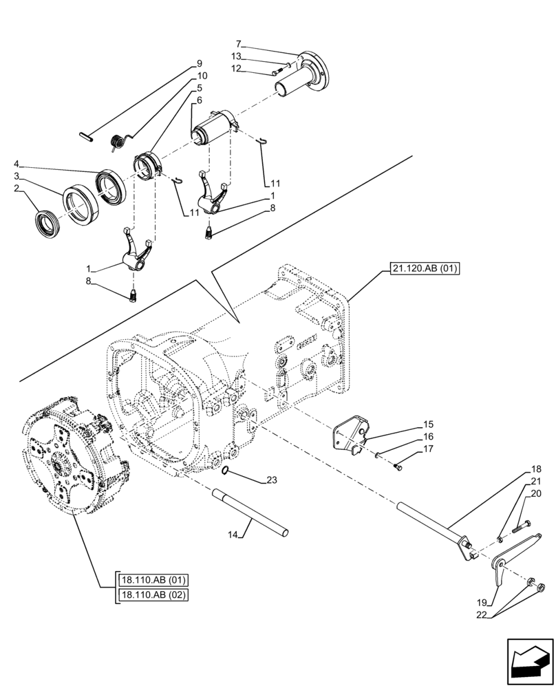 Схема запчастей Case IH FARMALL 105C - (18.100.AF[02]) - VAR - 390067, 743546, 744576 - CLUTCH MECHANISM, FORK, (8X8) (12X12) (12X12 CREEPER), CAB (18) - CLUTCH