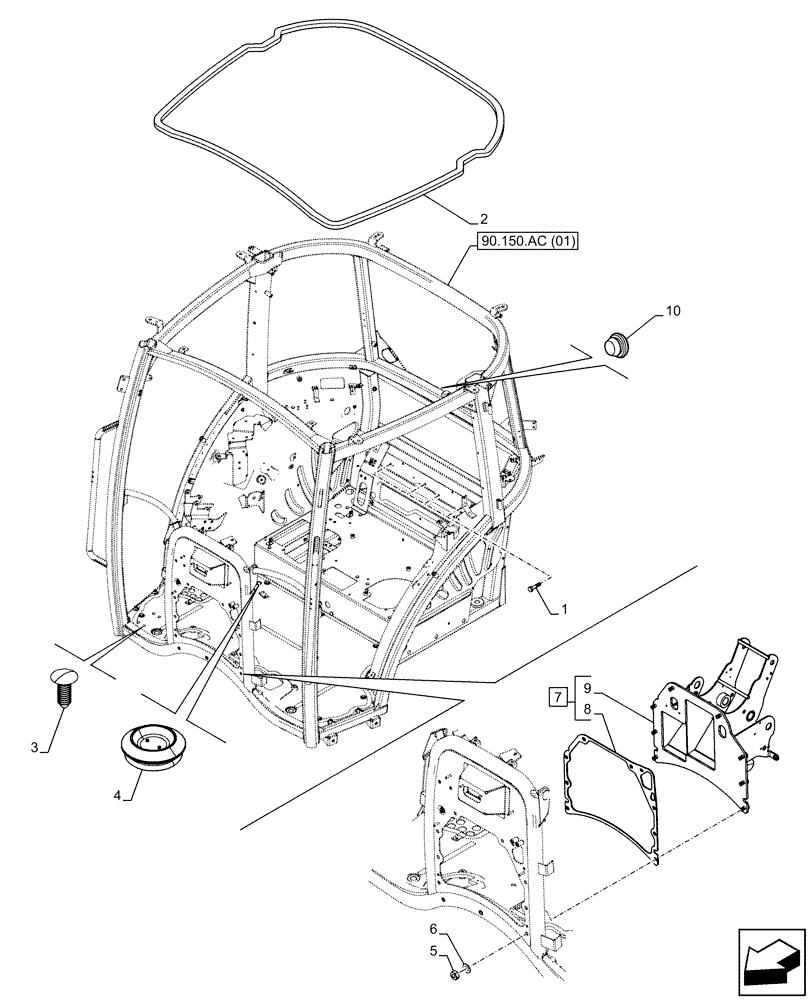 Схема запчастей Case IH FARMALL 85C - (90.150.AC[02]) - VAR - 334180, 334183, 334211, 391606, 743496, 743573, 744588 - CAB FRAME, SPARK ARRESTER (90) - PLATFORM, CAB, BODYWORK AND DECALS