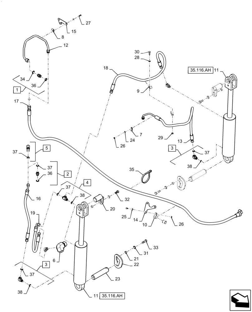 Схема запчастей Case IH STEIGER 370 - (35.116.AD) - 3 POINT HITCH CYLINDER LINES (35) - HYDRAULIC SYSTEMS