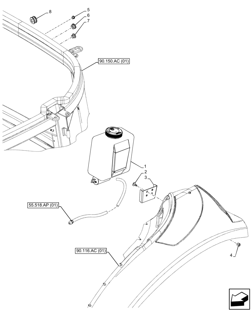 Схема запчастей Case IH FARMALL 95C - (55.518.AT[01]) - VAR - 334211, 391606, 743496, 743573 - WINDSHIELD WASH RESERVOIR, CAB (55) - ELECTRICAL SYSTEMS