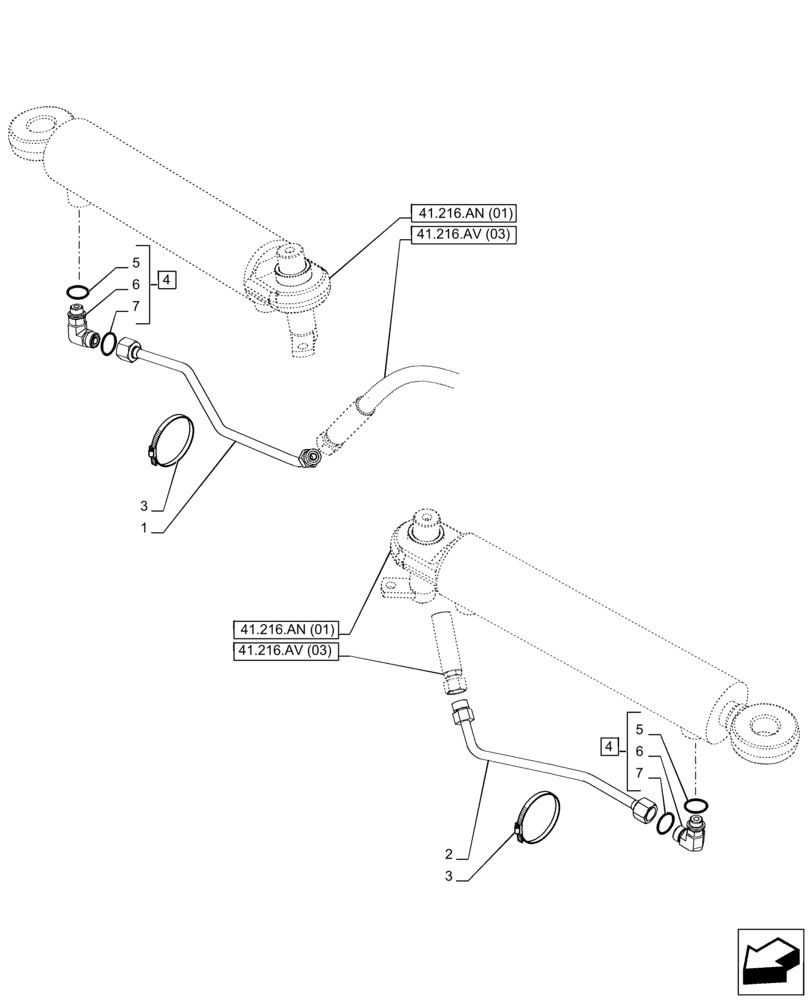 Схема запчастей Case IH PUMA 200 CVT - (41.216.AV[06]) - VAR - 391157 - 4WD FRONT AXLE, STEERING CYLINDER, HYDRAULIC LINE (41) - STEERING