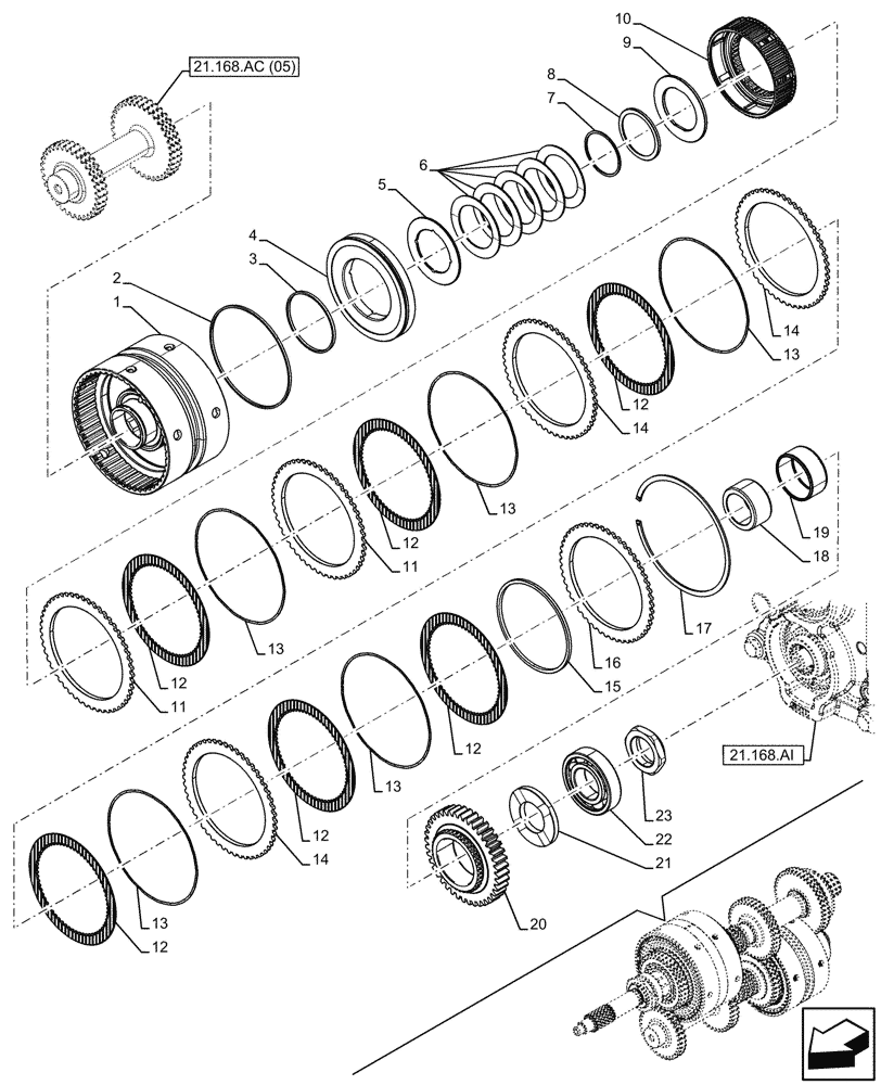 Схема запчастей Case IH FARMALL 115C - (21.168.AC[08]) - VAR - 743553 - CLUTCH, HI-LO (21) - TRANSMISSION