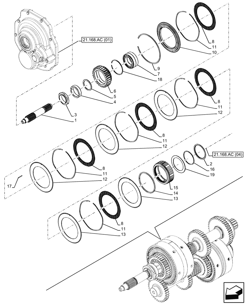 Схема запчастей Case IH FARMALL 95C - (21.168.AC[03]) - VAR - 743552, 743553 - CLUTCH, HI-LO (21) - TRANSMISSION