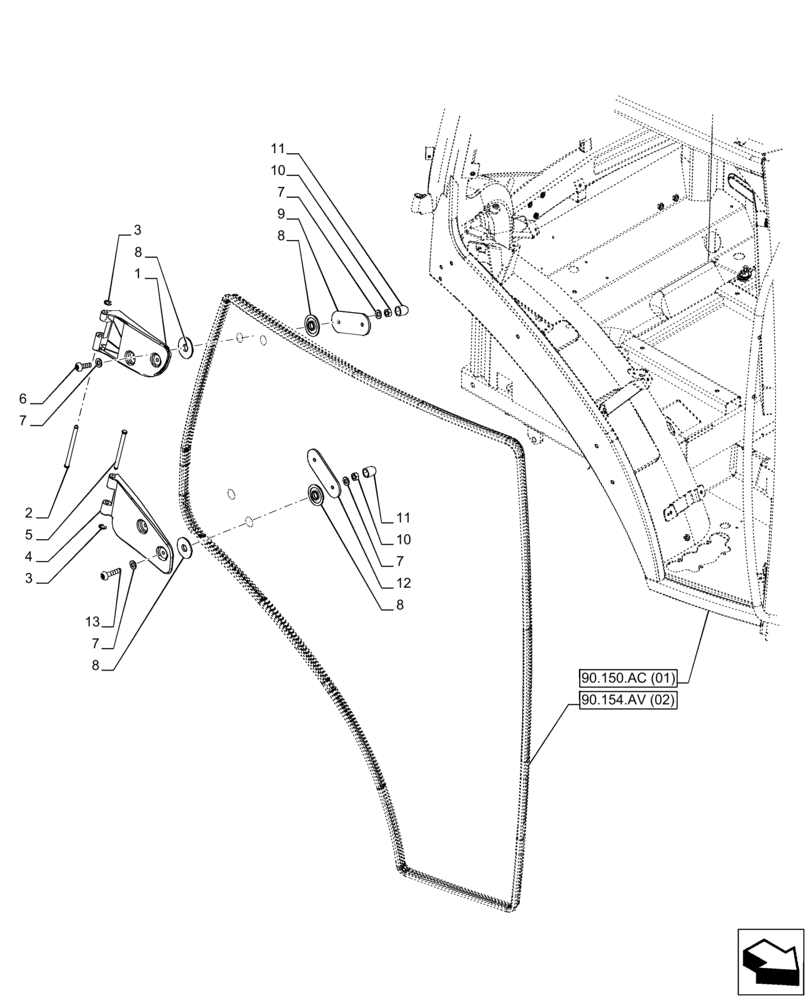 Схема запчастей Case IH PUMA 185 CVT - (90.154.AE[02]) - VAR - 391179, 391233, 758139, 758140, 758141, 758142, 758143, 758145, 758146 - CAB DOOR, HINGE, RH (90) - PLATFORM, CAB, BODYWORK AND DECALS