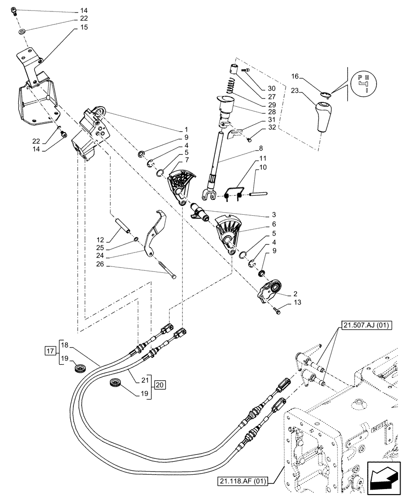 Схема запчастей Case IH FARMALL 85C - (21.134.AI[06]) - VAR - 390275 - TRANSMISSION, CONTROL LEVER, GEARSHIFT, HI-LO, W/O CAB (21) - TRANSMISSION