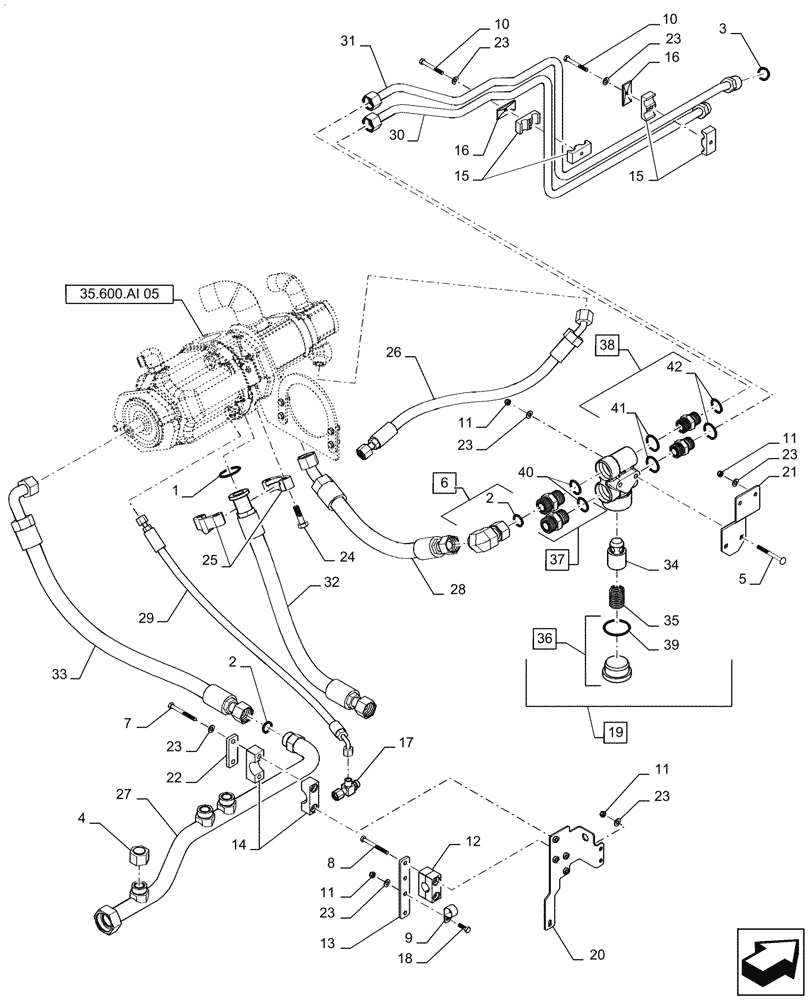 Схема запчастей Case IH QUADTRAC 580 - (35.600.BH[05]) - HIGH CAPACITY HYDRAULIC LINES, COOLER BY-PASS VALVE (BSN ZGF309204) (35) - HYDRAULIC SYSTEMS