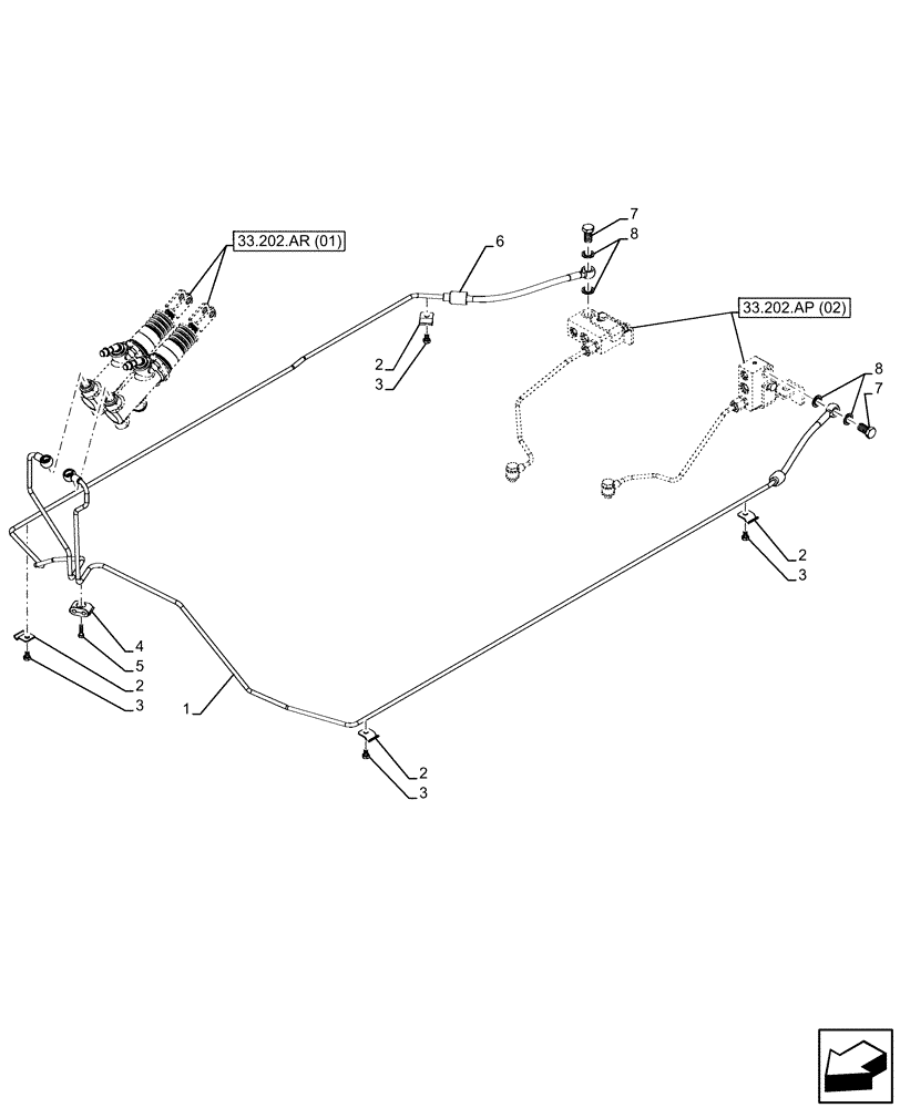 Схема запчастей Case IH FARMALL 85C - (33.202.AP[01]) - VAR - 330276, 334176, 334177, 390067, 390275, 743546, 744576 - BRAKE LINE (8X8) (12X12) (12X12 CREEPER) (33) - BRAKES & CONTROLS