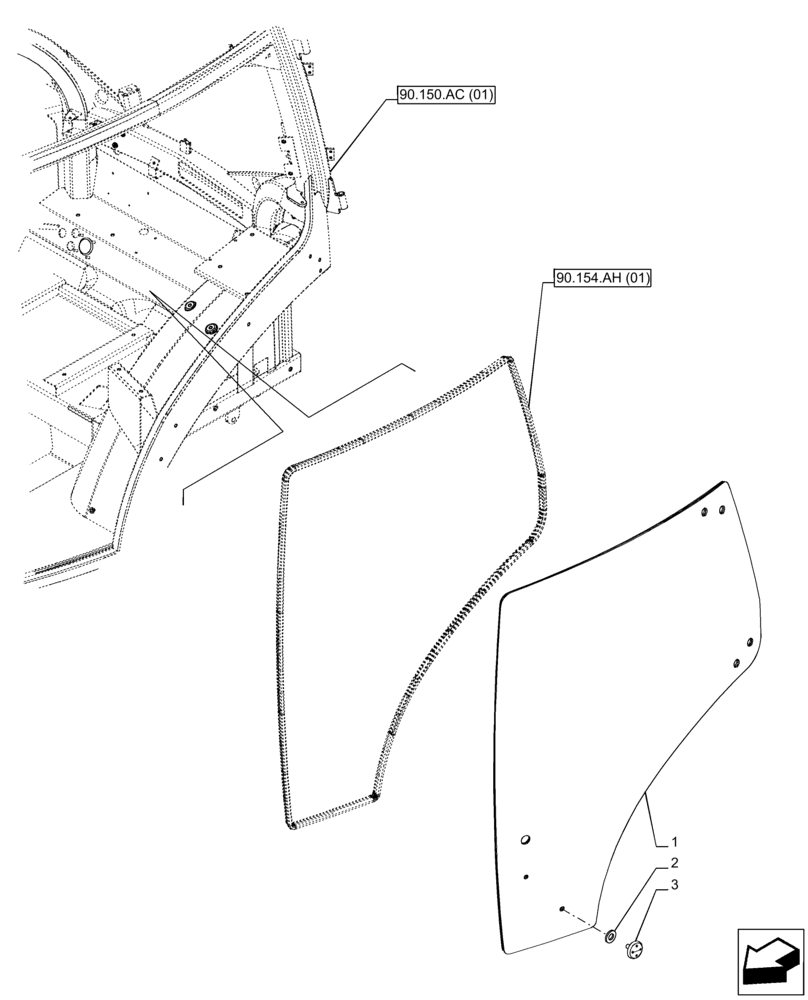 Схема запчастей Case IH PUMA 185 CVT - (90.154.AV[01]) - VAR - 391179, 391233, 758139, 758140, 758141, 758142, 758143, 758145, 758146 - CAB DOOR, GLASS, LH (90) - PLATFORM, CAB, BODYWORK AND DECALS