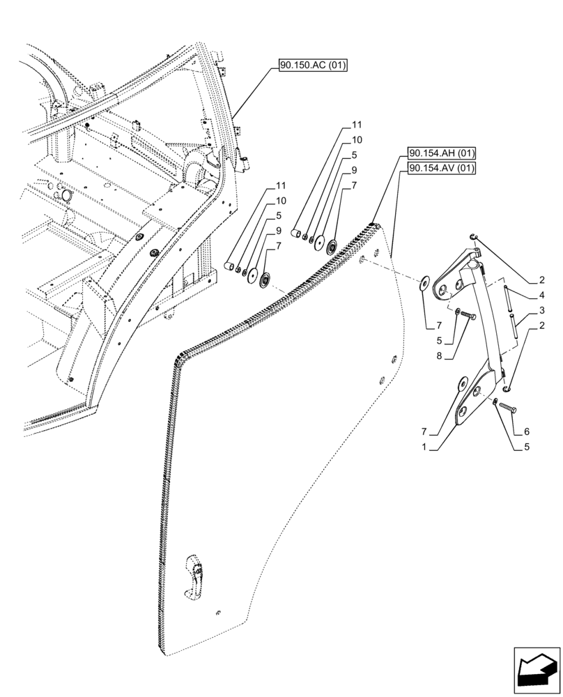Схема запчастей Case IH PUMA 150 - (90.154.AE[01]) - VAR - 391179, 391233, 758139, 758140, 758141, 758142, 758143, 758145, 758146 - CAB DOOR, HINGE, LH (90) - PLATFORM, CAB, BODYWORK AND DECALS