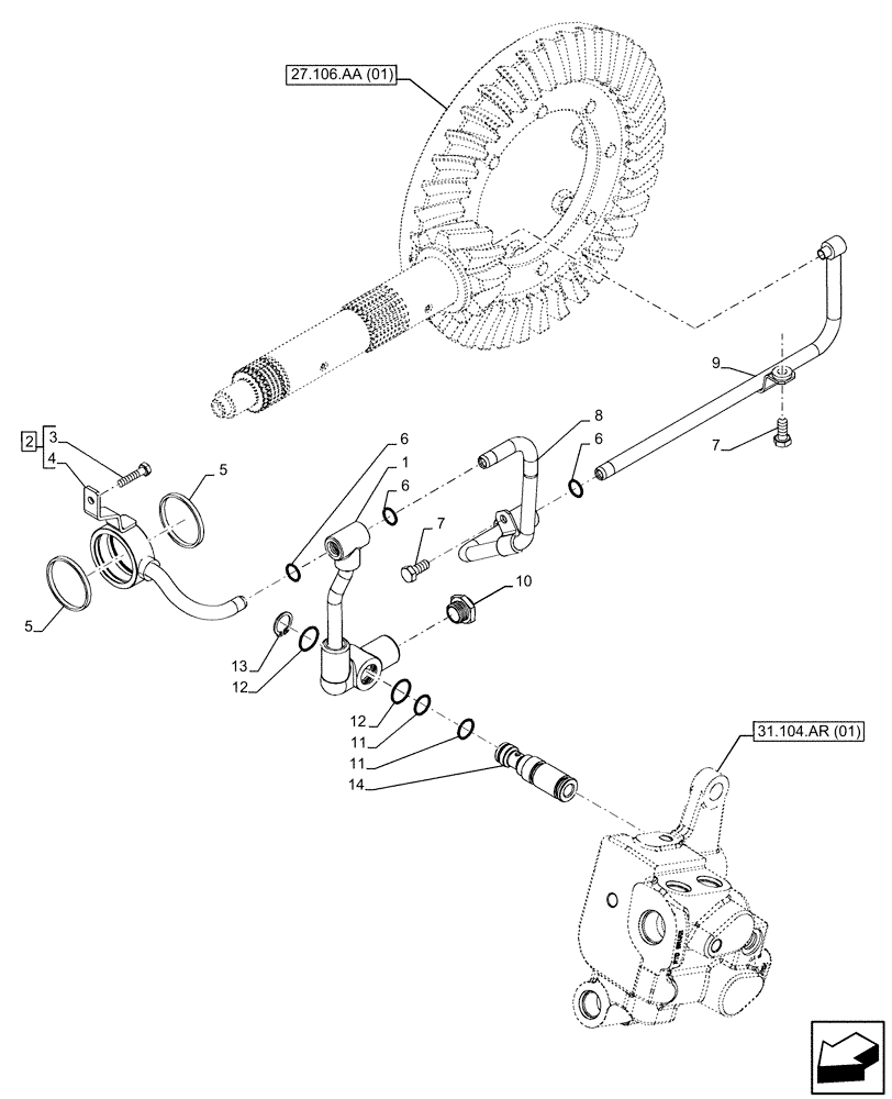 Схема запчастей Case IH FARMALL 95C - (21.104.AL[02]) - VAR - 390067, 743546, 744576 - TRANSMISSION LUBRICATION LINE (8X8) (12X12) (12X12 CREEPER) - END YR 29-OCT-2013 (21) - TRANSMISSION