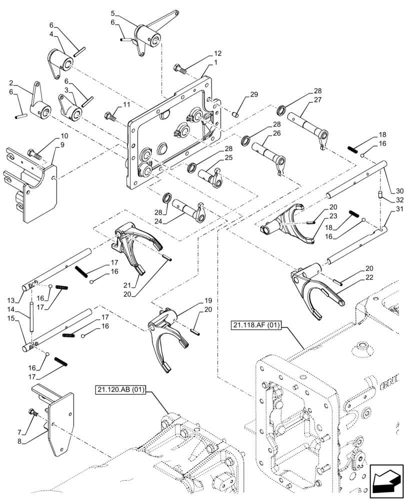 Схема запчастей Case IH FARMALL 85C - (21.507.AJ[01]) - VAR - 330276, 332118, 334176, 743546, 744576 - TRANSMISSION, GEARSHIFT, FORK, SHIFT RAIL (12X12) (12X12 CREEPER) (21) - TRANSMISSION