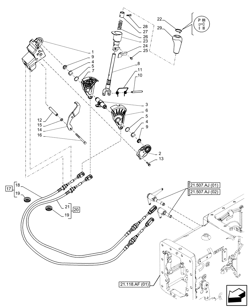 Схема запчастей Case IH FARMALL 85C - (21.134.AI[04]) - VAR - 330276, 334176, 743546, 744576 - TRANSMISSION, CONTROL LEVER, GEARSHIFT (12X12) (21) - TRANSMISSION