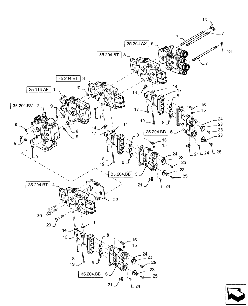 Схема запчастей Case IH MAGNUM 240 - (35.204.BE[01]) - REMOTE CONTROL VALVE, 3 CONTROL VALVES, WITH POWER BEYOND (35) - HYDRAULIC SYSTEMS