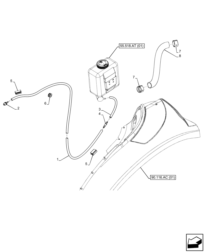 Схема запчастей Case IH FARMALL 115C - (55.518.AP[01]) - VAR - 334211, 391606, 743496, 743573 - WINDSHIELD WASH RESERVOIR, HOSE, CAB (55) - ELECTRICAL SYSTEMS