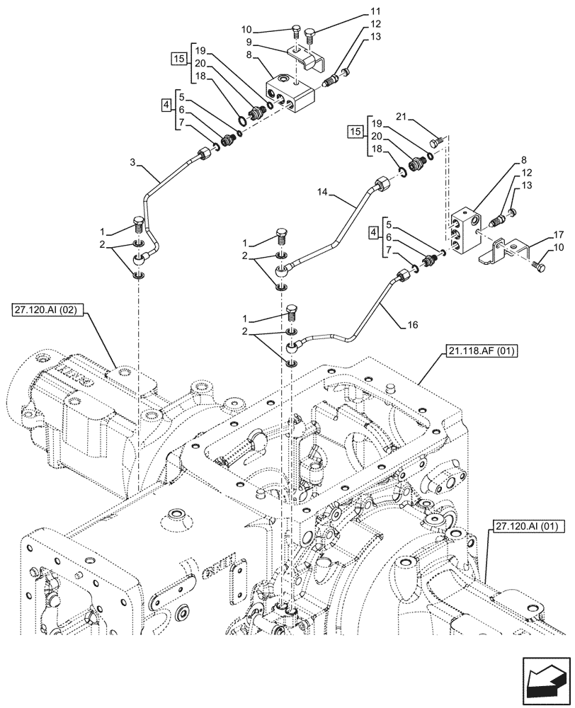 Схема запчастей Case IH FARMALL 85C - (33.202.AP[02A]) - VAR - 330276, 334176, 390067, 743546, 744576 - BRAKE LINE (8X8) (12X12) (12X12 CREEPER), CAB - BEGIN YR 27-JUN-2014 (33) - BRAKES & CONTROLS