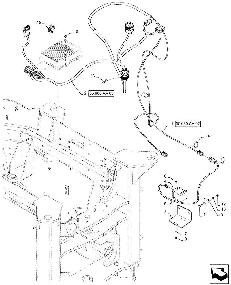 Схема запчастей Case IH STEIGER 540 - (55.680.AA[01]) - AUTO GUIDANCE HARNESS MOUNTING, BSN ZFF308000 (55) - ELECTRICAL SYSTEMS