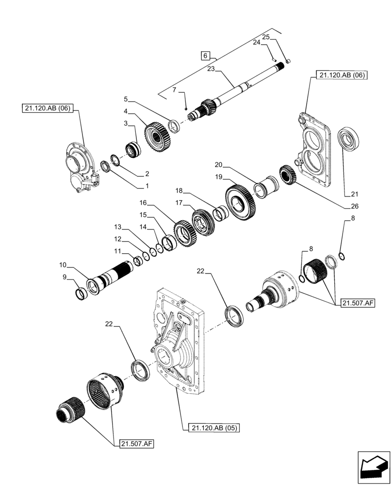 Схема запчастей Case IH PUMA 220 CVT - (21.507.AD[07]) - VAR - 337433, 337427, 391138, 758022 - TRANSMISSION, SHAFT, RANGE GEAR, CVT (21) - TRANSMISSION