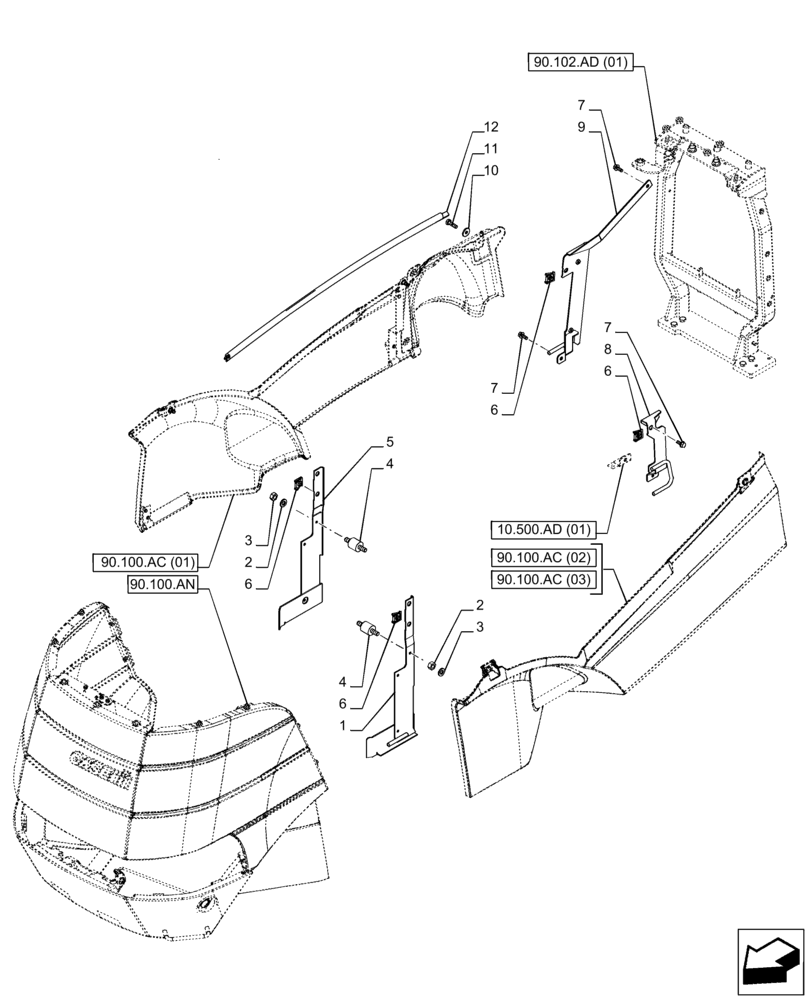 Схема запчастей Case IH PUMA 200 CVT - (90.102.BT) - VAR - 391216, 758207, 758208, 758210 - SIDE PANEL, SUPPORT (90) - PLATFORM, CAB, BODYWORK AND DECALS