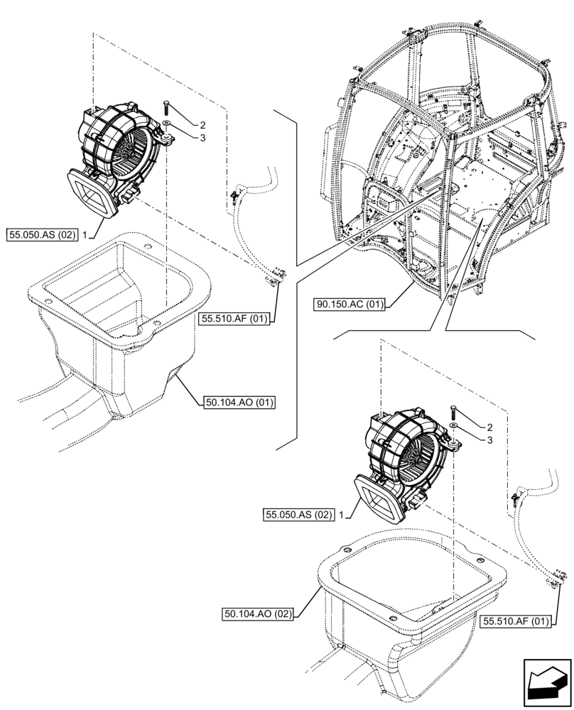 Схема запчастей Case IH FARMALL 85C - (55.050.AS[01]) - VAR - 334183, 334211, 391606, 743496, 743573, 744588 - AIR CONDITIONER, BLOWER, CAB (55) - ELECTRICAL SYSTEMS